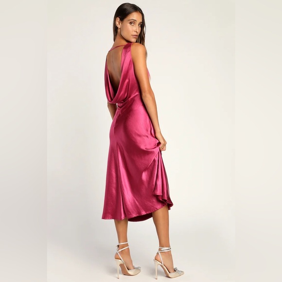 Lulus Incredible Love Magenta Satin Cowl Back Midi Slip Dress - Picture 5 of 16